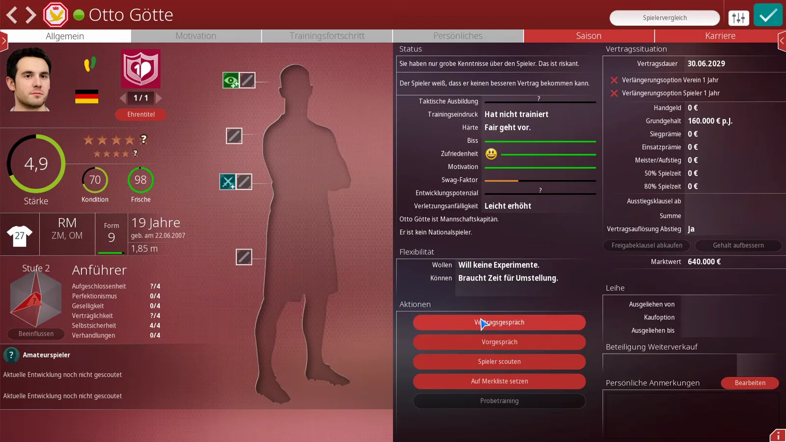 Direct contract and transfer action buttons on a first-team player profile in WE ARE FOOTBALL 2027