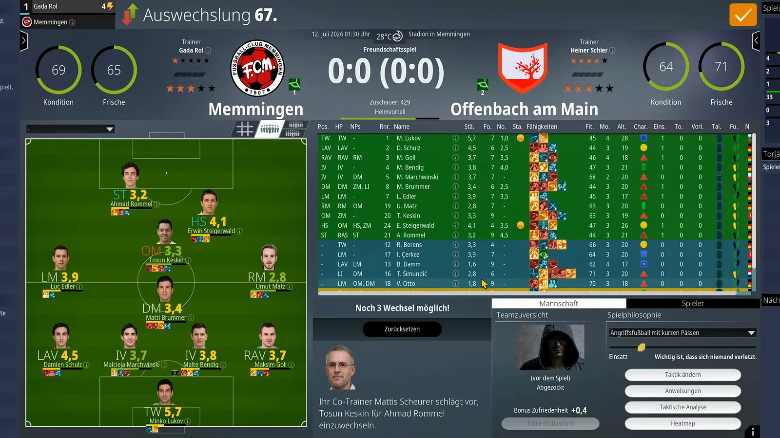 Substitution dialog over the match engine in WE ARE FOOTBALL 2027 at 0:0 in minute 67 with the co-trainer proposing Tosun Keskin for Ahmad Rommel