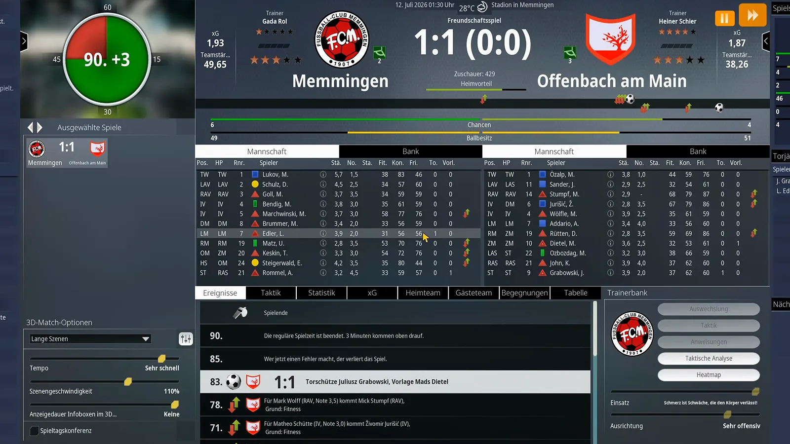 Full-time screen of a 1:1 friendly in WE ARE FOOTBALL 2027 with xG 1.93 versus 1.87, possession 49 to 51 and the substitution event log