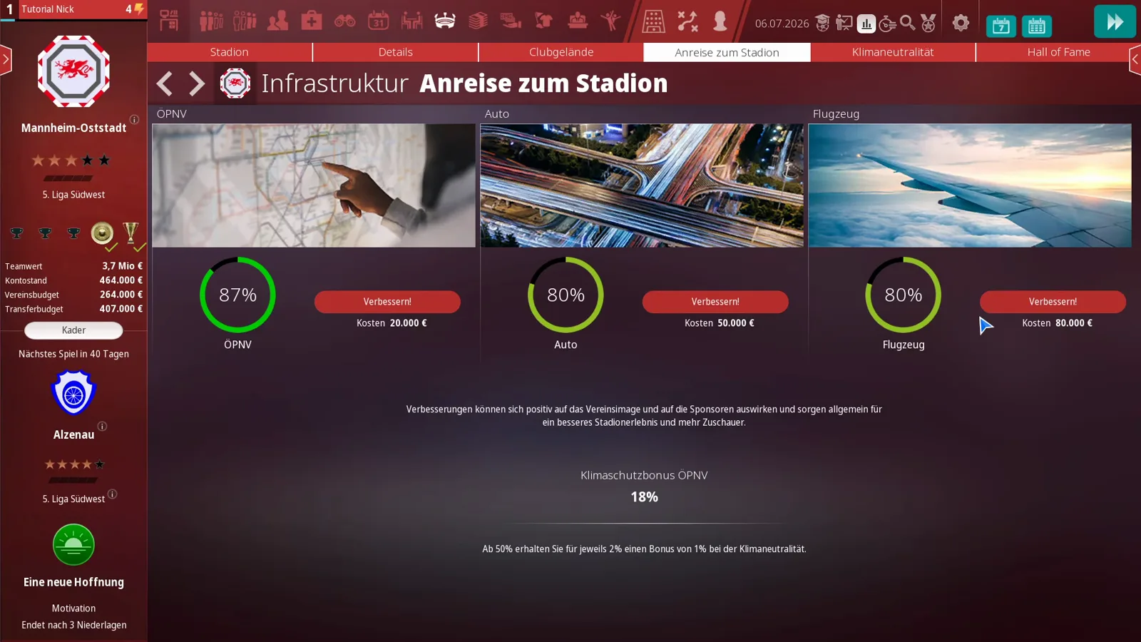 Arrival screen in WE ARE FOOTBALL 2027 with public transport, car and airplane gauges plus upgrade costs