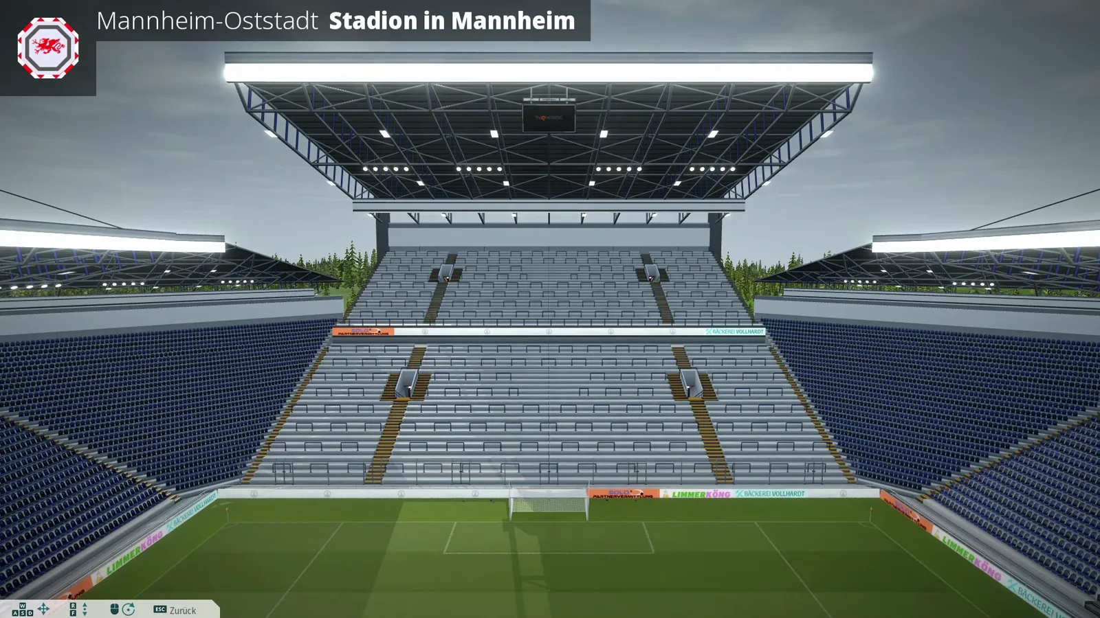 3D stadium view in WE ARE FOOTBALL 2027 displaying the expanded main stand with roof light strip and perimeter advertising