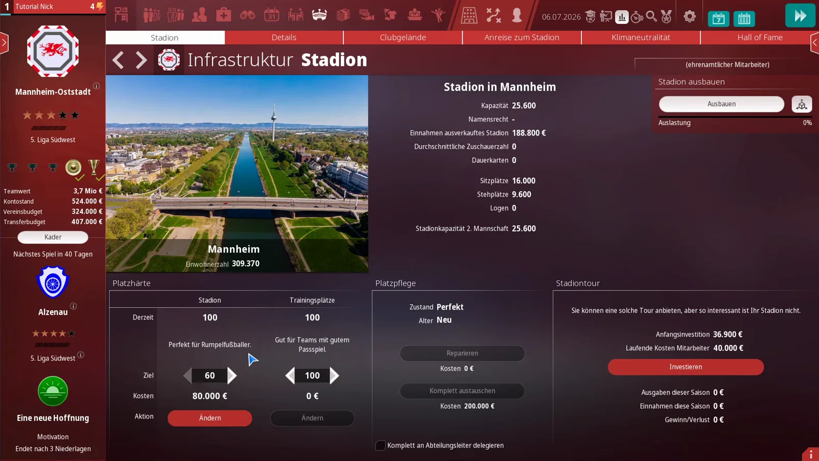 Platzhärte panel on the WE ARE FOOTBALL 2027 stadium tab with separate target sliders for the arena and training ground