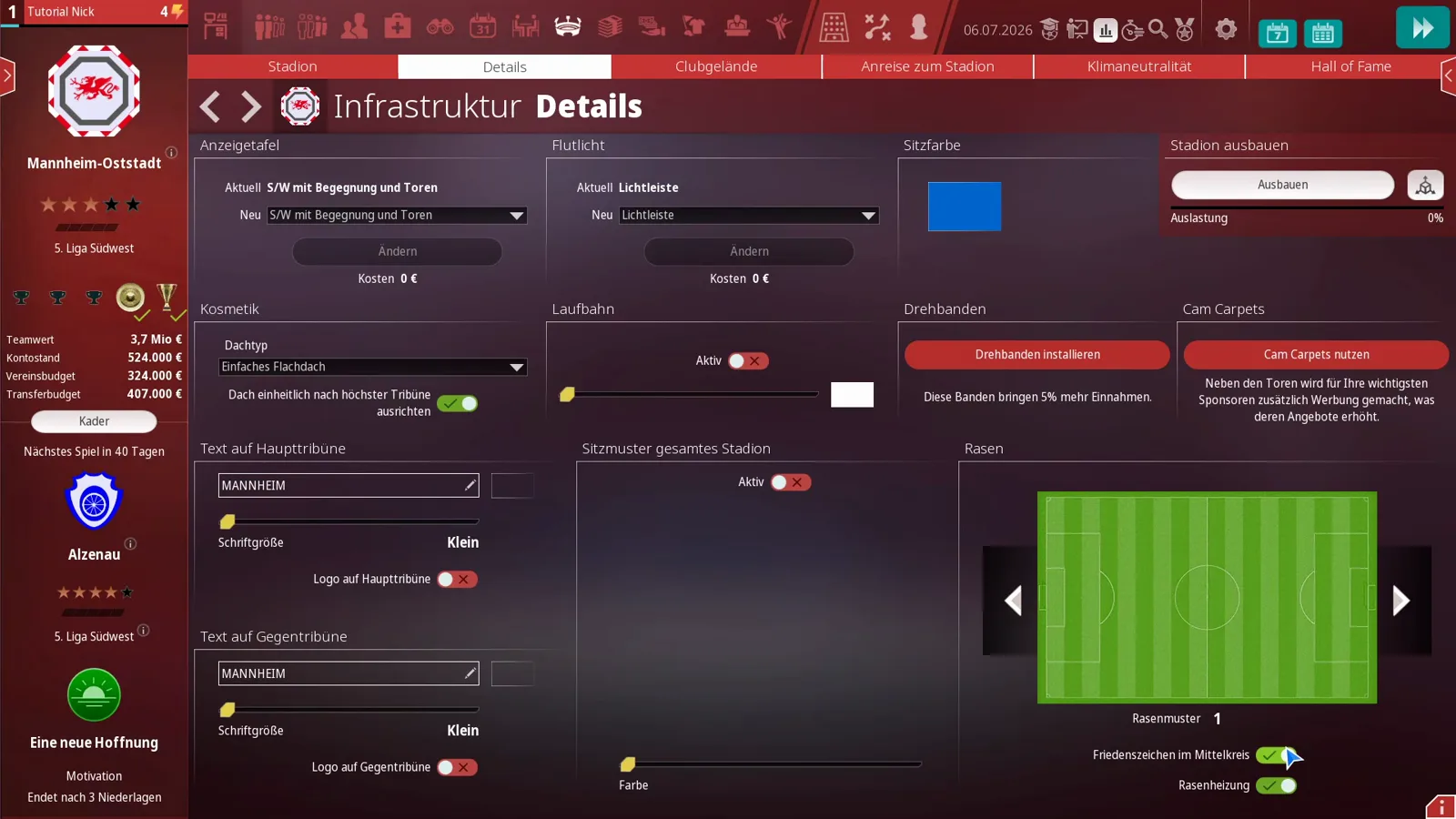 Details tab in WE ARE FOOTBALL 2027 listing scoreboard, floodlight, running track, rotating boards and lawn heating options