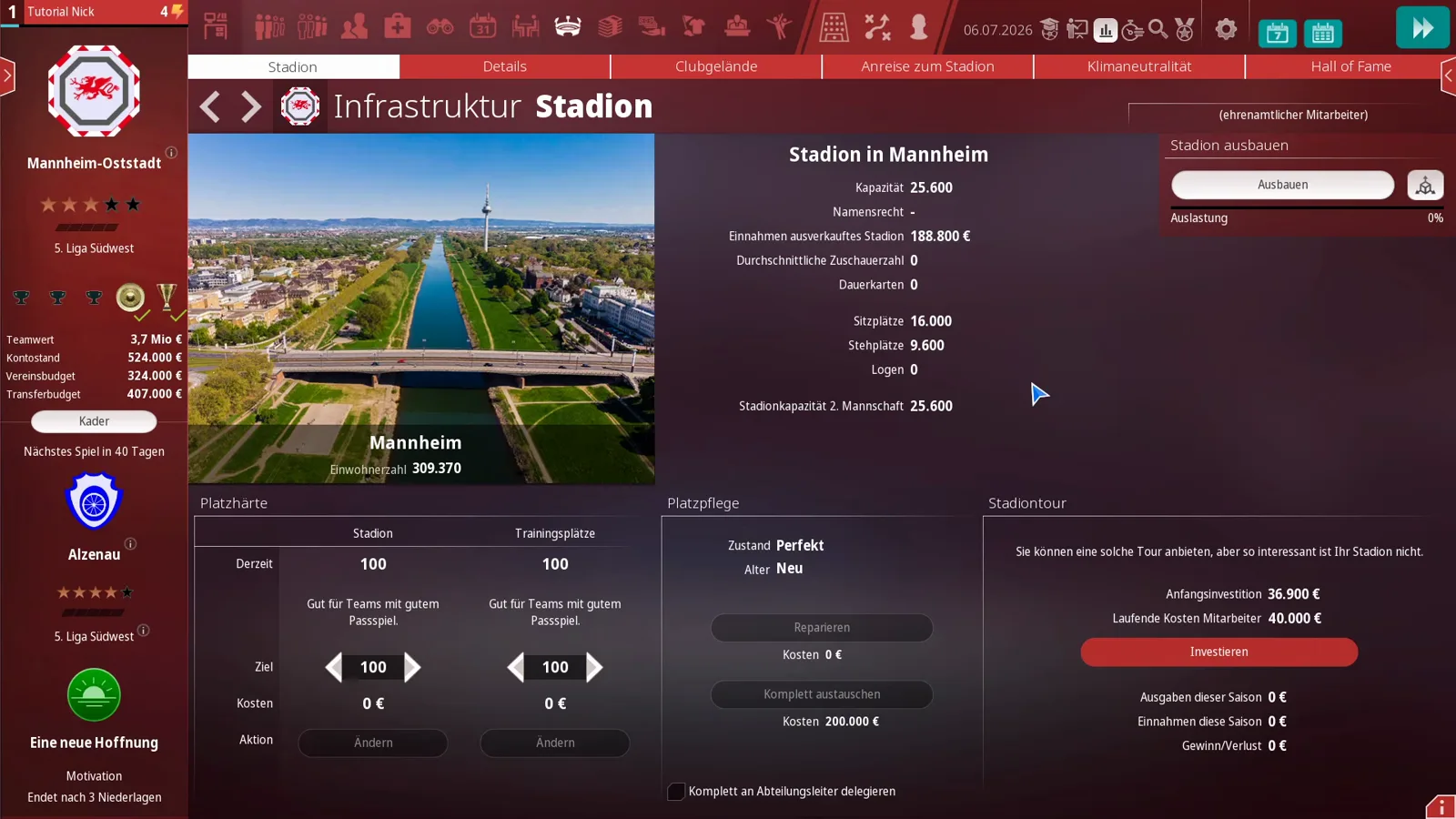 WE ARE FOOTBALL 2027 stadium overview showing capacity 25,600, sold-out revenue of €188,800 and the seat versus standing split for Mannheim