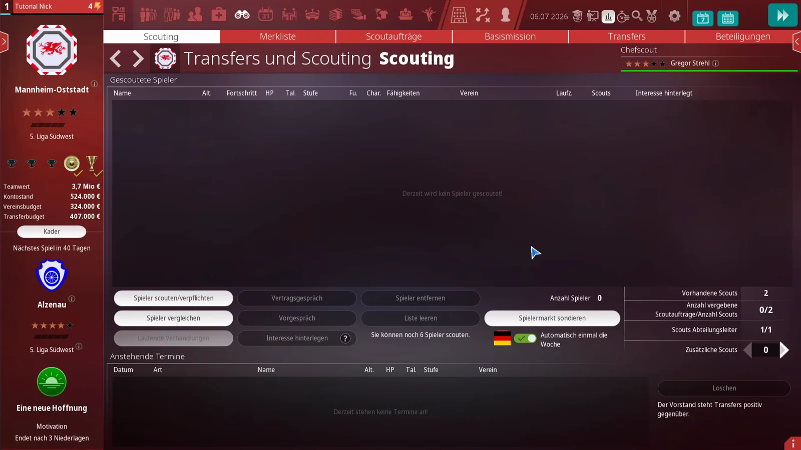 WE ARE FOOTBALL 2027 Transfers und Scouting hub showing the six tabs, scouting list action buttons, two available scouts, and the board's positive transfer stance