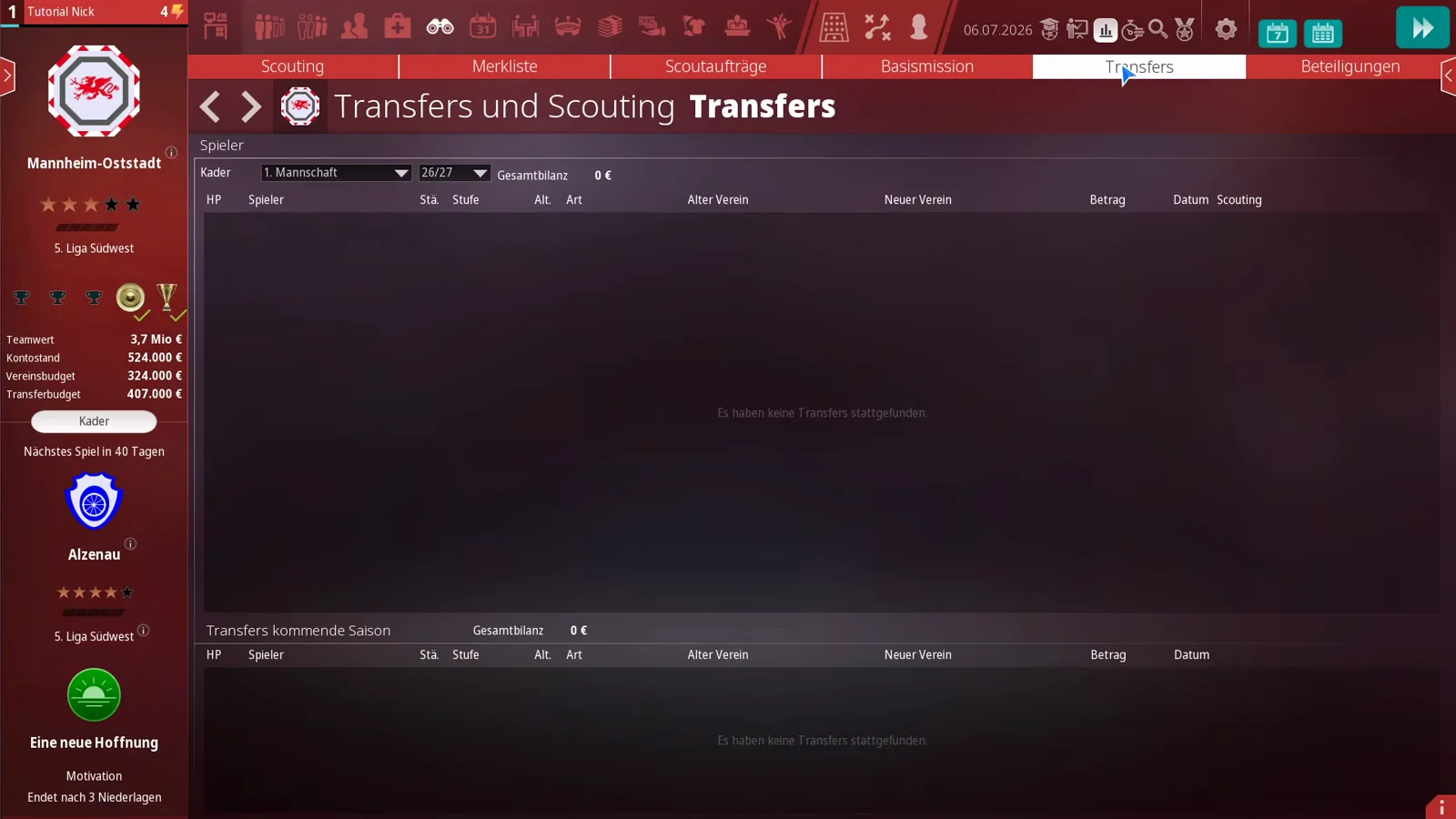 WE ARE FOOTBALL 2027 transfer balance screen selecting the 26/27 season with an overall balance line and a separate table for next season's transfers