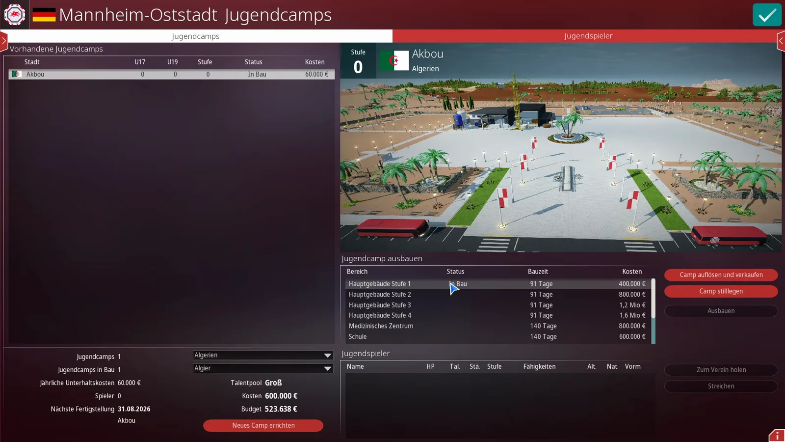 Youth camp construction panel showing Algeria setup costs and level-1 main building options in WE ARE FOOTBALL 2027